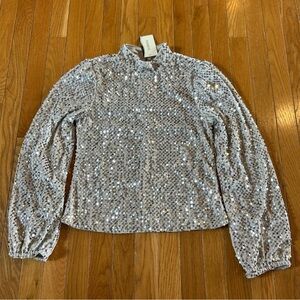 New NWT Evereve Sanctuary Champagne Sequin Blouse Sz Small All Nighter Mock Neck